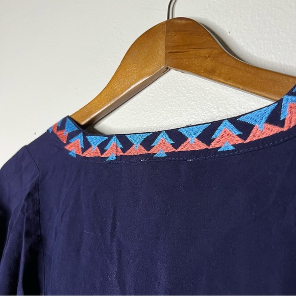 Umgee Embroidered Deep Blue Tunic Shift Dress S Floral 3/4 Sleeve Tassels - Picture 6 of 12